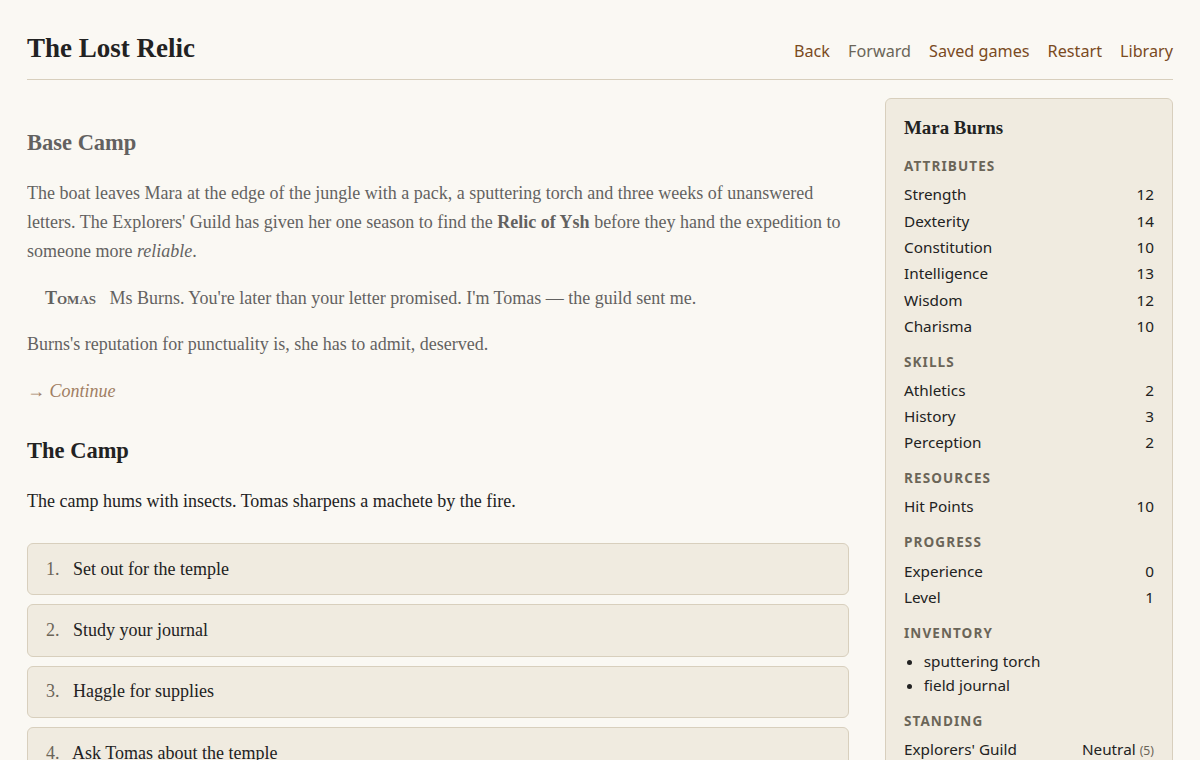 The Lost Relic sample story in the web player: story text and choices beside a character sheet.